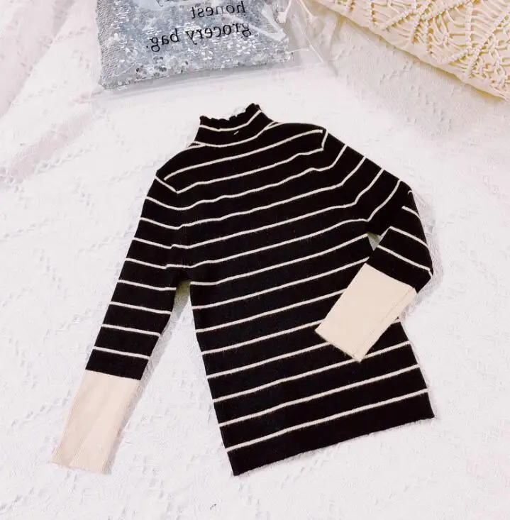 black striped Зимние Модные вязаные свитера в полоску с высоким воротником для девочек Теплые Мягкие Универсальные пуловеры для маленьких девочек - Цвет: black striped