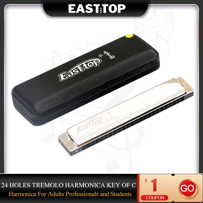 

EASTTOP Tremolo Harmonica Key of C 24 Holes Professional Tremolo Mouth Organ T2406 Harmonica For Adults Students Professionals