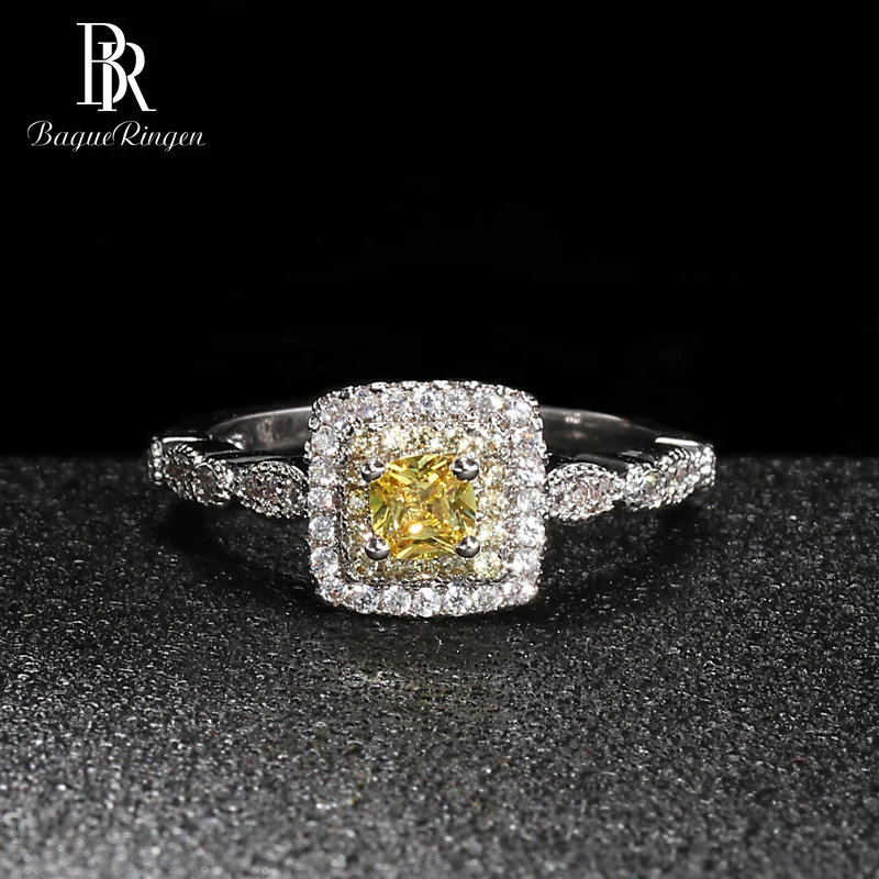 Bague Ringen, Трендовое серебро 925, Ювелирное кольцо с камнями для женщин, Геометрическая площадь, белый, желтый, розовый, AAA циркон, женские вечерние подарки - Цвет камня: yellow