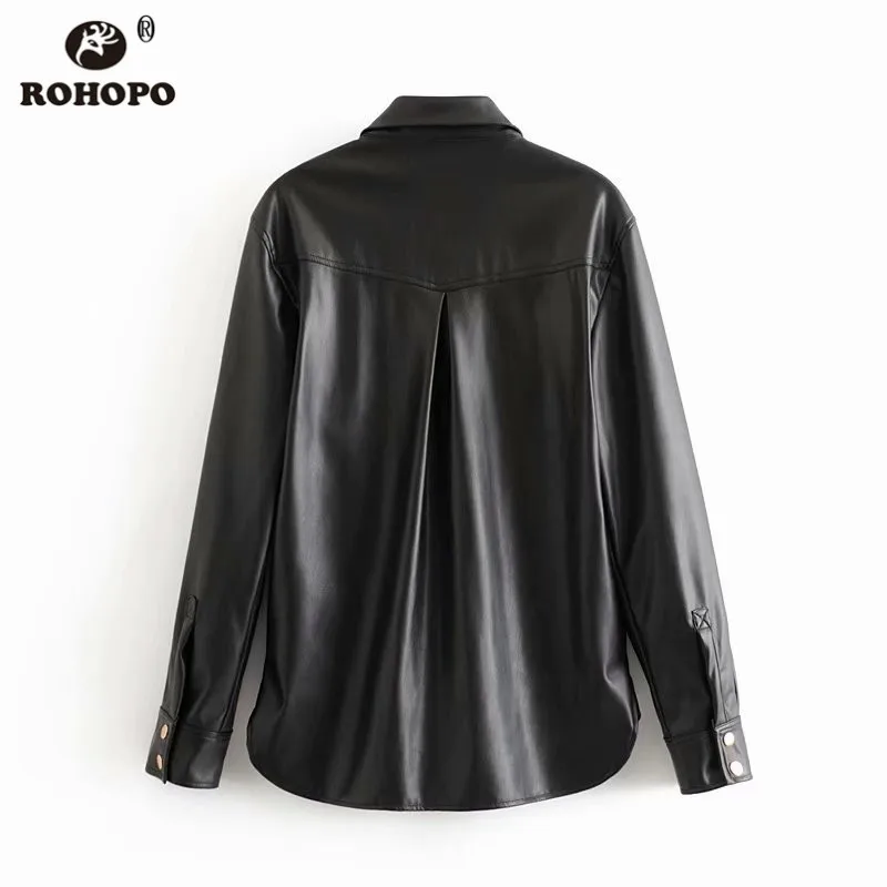 ROHOPO, длинный рукав, черный, кожзам, женская верхняя одежда, блузка, с карманами, с закругленными краями, с металлическими пуговицами, кожаные топы, рубашка#4006