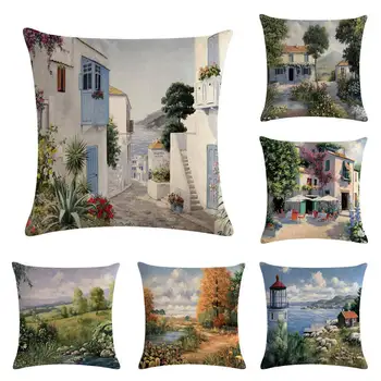 

European Style Landscape Oil Painting Pillow 45*45cm Pillowcase Cushion Cover Office Home Sofa Bed Decorative Cushion Case