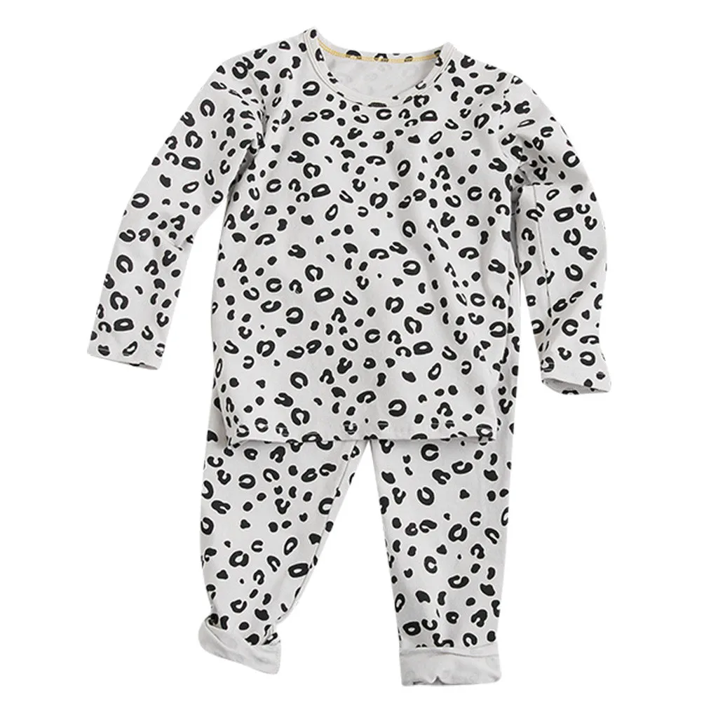 Длинный рукав хлопок пижамы Дети Малыш Дети ребенок девушки с длинным рукавом Топы леопардовые брюки пижамы одежда для сна# C - Цвет: Белый