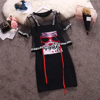 

Fashion Tops+Letter Spaghetti Strap Printed Pattern Mini T-Shirts Dress 2-pieces Sets Beach Casual Women Suits Mesh Perspective