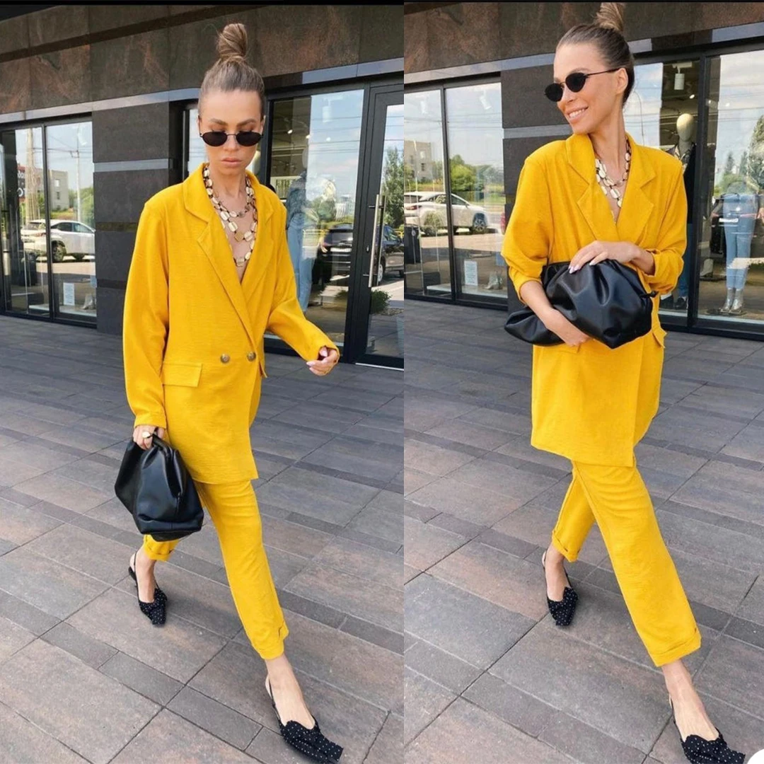 High Quality Double Breasted Yellow Pants Suit For Women Long Sleeve Blazer  For Business And Office Autumn Yellow Suits For Ladies 201030 From Dou01,  $24.56 | DHgate.Com