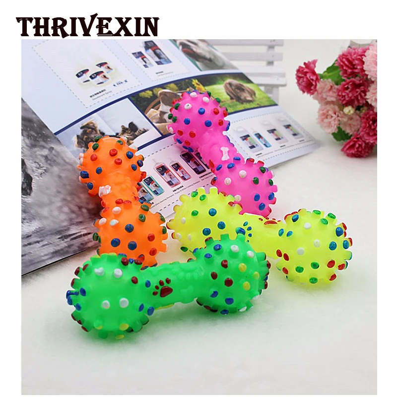 Pet Dumbbell Squeak Toy Rubber Barbell Soft Colorful Dots Bone Shaped