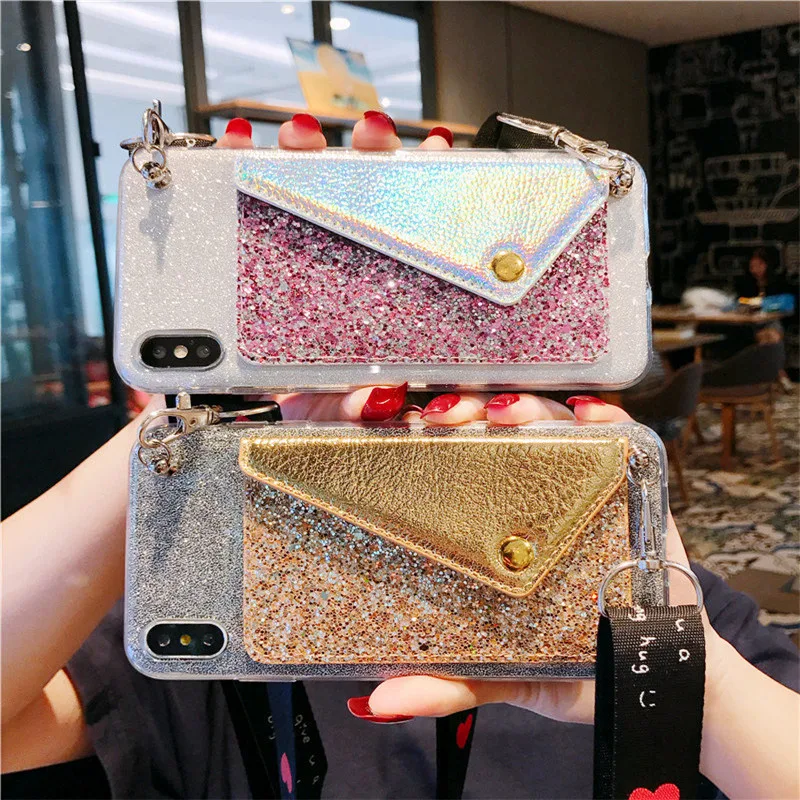 

Clear Cover Glitter Paper With Wallet Lanyard Case For Samsung Galaxy A90 5G A80 A70 A60 A50 A40 A30 A20 A10 Note 9 10 Plus Capa
