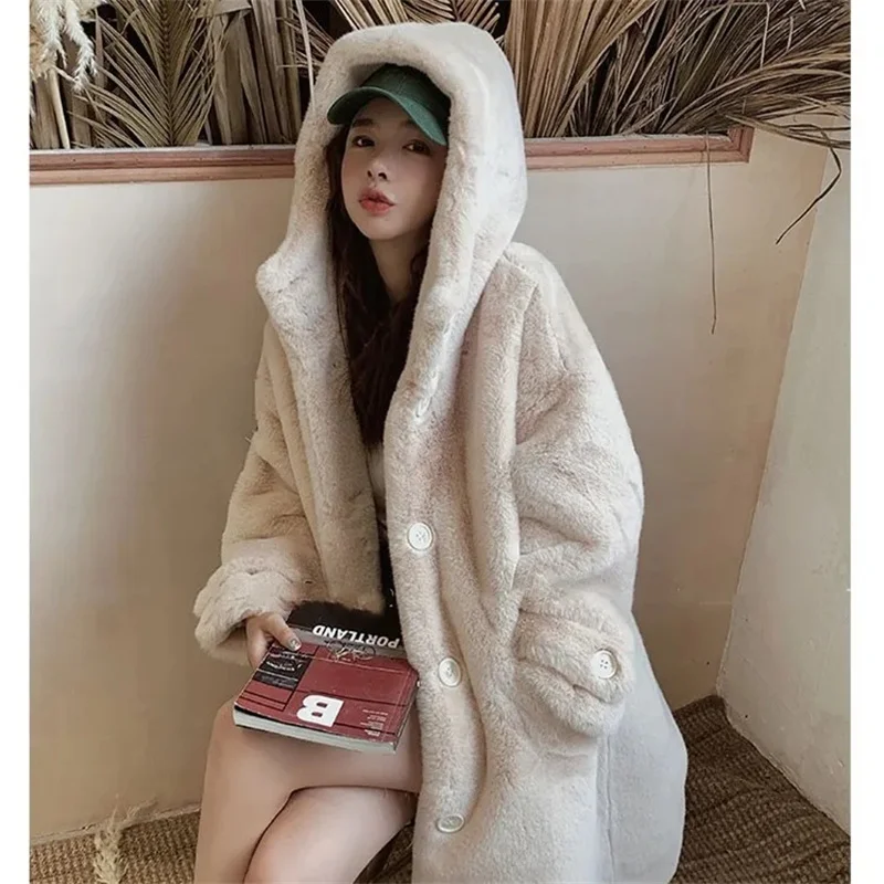 Mink Fluff Hooded Thick Warm Faux Fur Winter 2024 New Coat Ladies In The Trend Of Long Outcoat Clothes Korean Pink Fur Jacket
