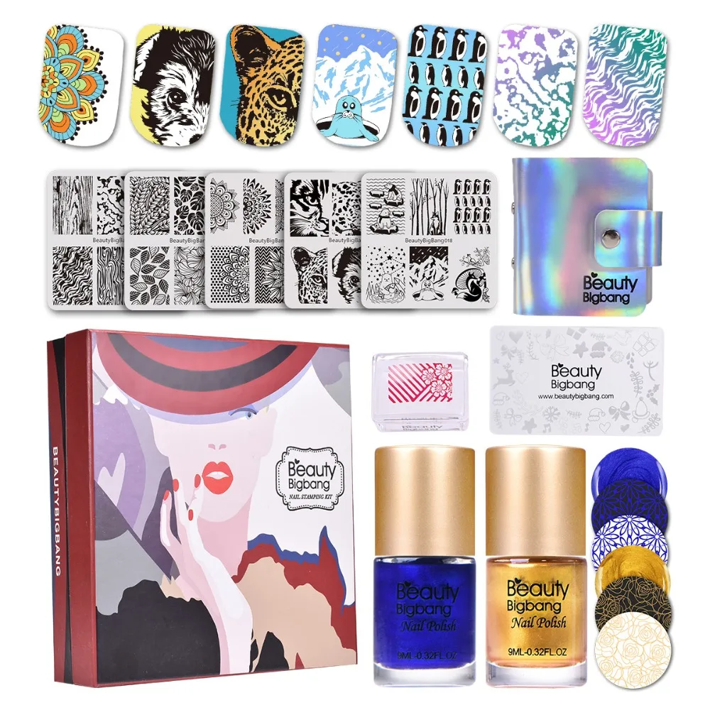 

BeautyBigBang Nail Stamping Plates 10Pcs Set Starter Square Nail Mold Case Clear Jelly Stamper With 2pcs Stamping Polish Set