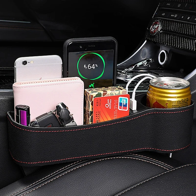 

Car Seat Gap Organizer Leather Slit Pocket Storage Box Universal Auto Interior Driver Seat Tidying Box with 2 USB Charging Hub