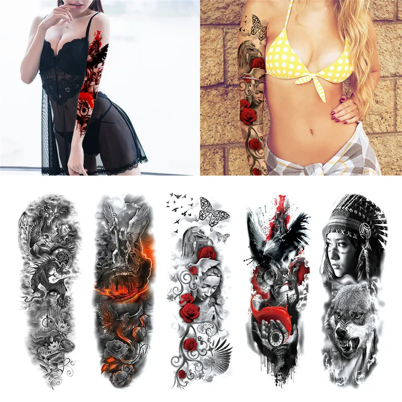 Tattoo Sticker Temporary Tattoos Waterproof Temporary Tattoos For Women Body Art Painting Arm Legs Tattoos Sticker Wild Wolf Tiger Full Skull Totem Tatto