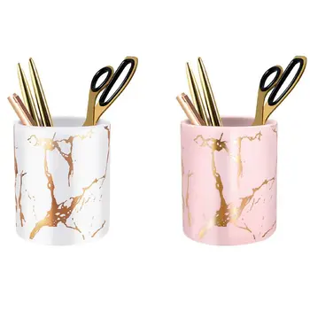 

2 Pcs Pen Holder, Stand for Desk Marble Pattern Pencil Cup,Golden-Pink & White Gold