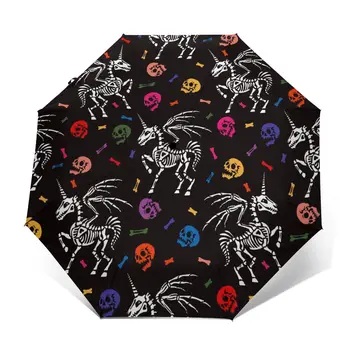 

Multicolored Human Skulls Bones Unicorn With Wings Windproof Automatic Folding Inverted Umbrella Portable Paraguas for Man Woman