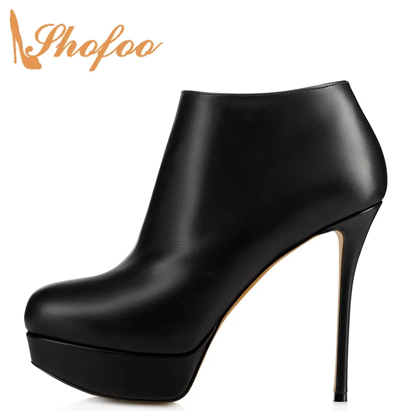 

Shofoo Black Ankle Boots Woman Stioettos Zipper Super High Thin Heels Round Toe Large Size 11 16 Ladies Booties Shoes Platform