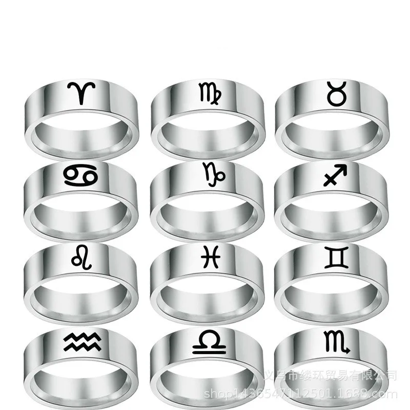 12 Zodiaco anillo Aries Tauro Géminis, cáncer Virgo, Libra Scorpius Sagitario Capricornio boda de acero inoxidable anillo de acero joyería