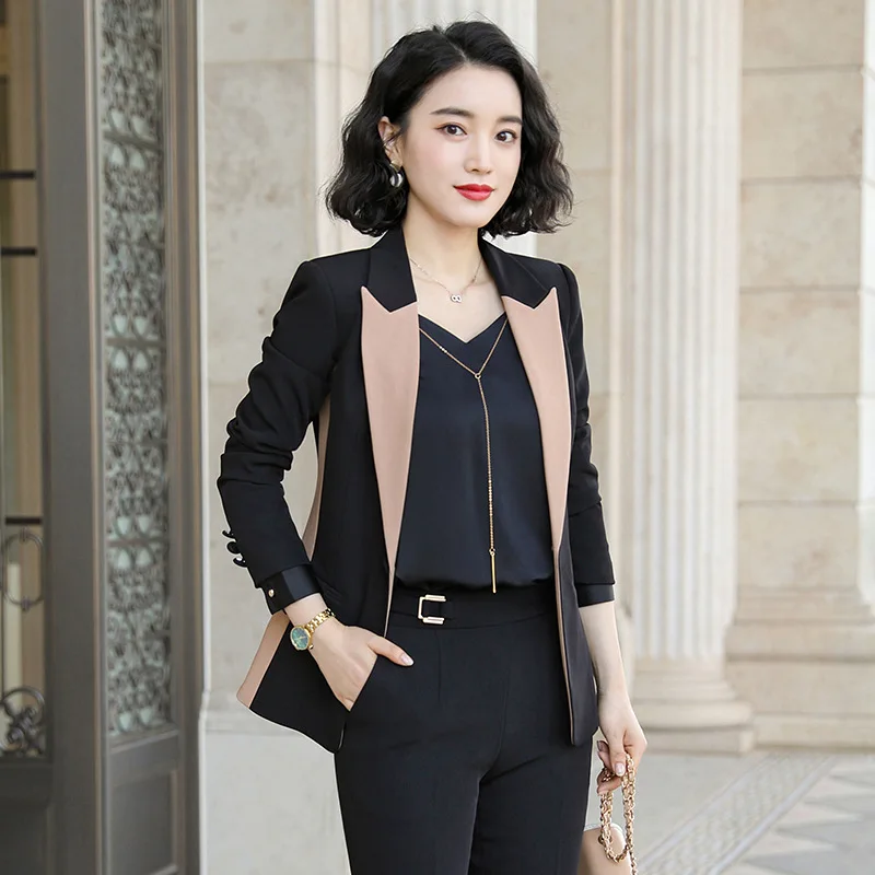 

IZICFLY Spring Fall Patchwork Fashion Uniforms Business Suits with Trousers Slim Office Suit Women Blazer Set Work Wear 2 Piece