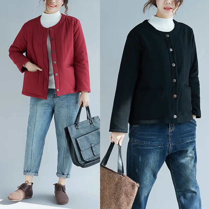 

2496 # Photo Shoot Large Size Cotton-padded Jacket Women's Short Solid Color Cotton-padded Clothes Women's Vintage Literature An