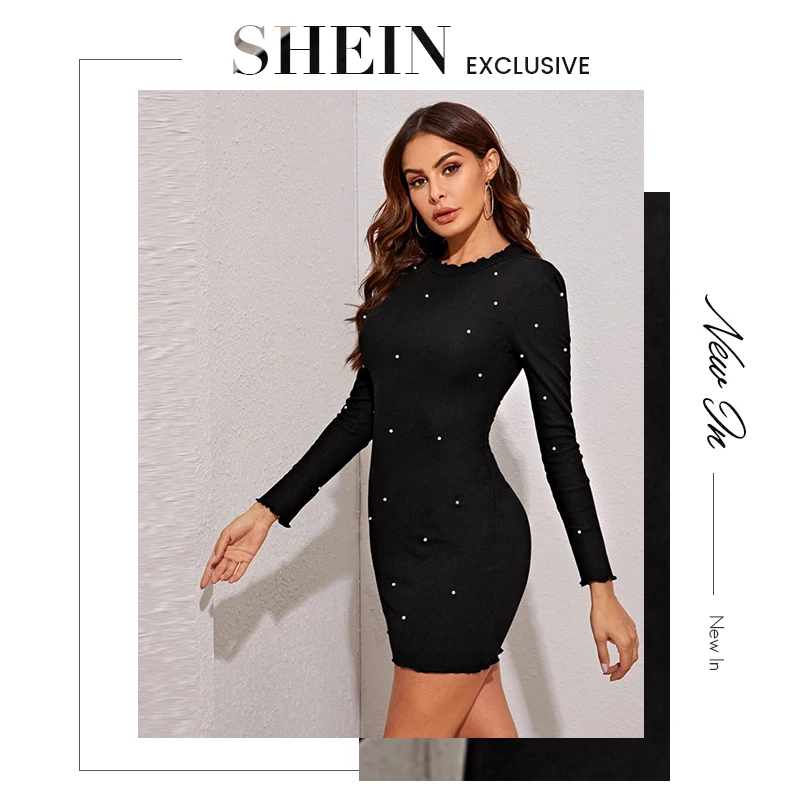 SHEIN женское осеннее облегающее платье с круглым вырезом, украшенное жемчугом и бусинами, в рубчик, с длинным рукавом, элегантное мини-платье-карандаш