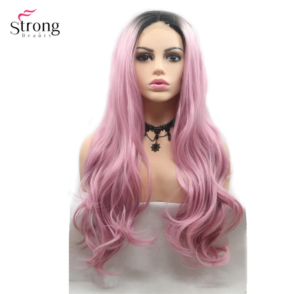 StrongBeauty длинные вьющиеся волосы парик Омбре блонд/розовый синтетические кружева передние парики для женщин