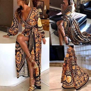 

2019 New Style Print Women Dress Sexy Boat Neck Glitter Fashion Deep V Neck Women Dress Formal Long Dress Sexy Clubwear