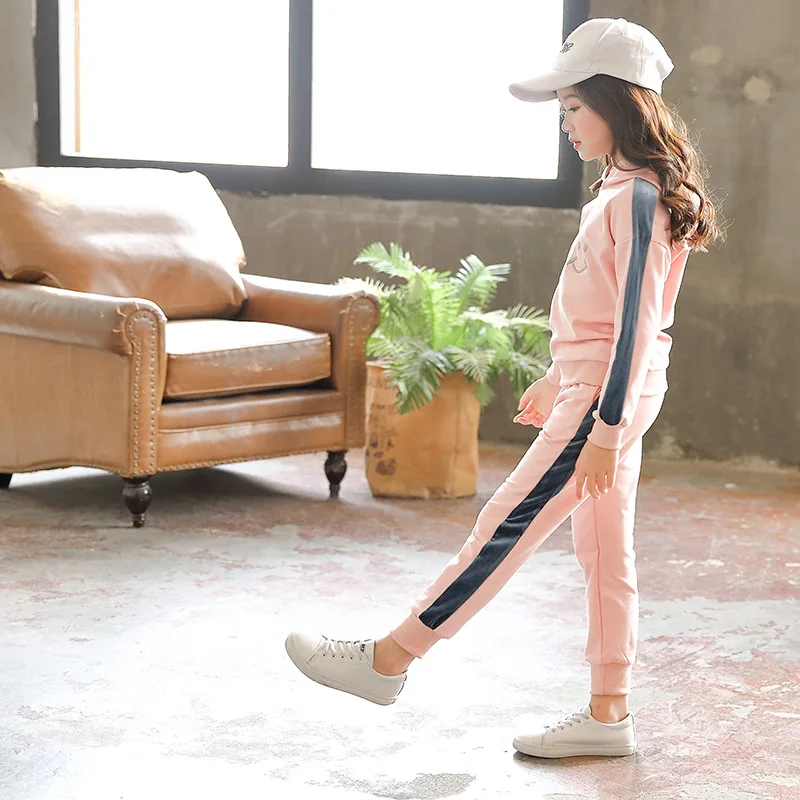 

Girls Special Offer Autumn Clothing Sports Mixed Colors Embroidery Long-sleeve Suit Middle And Large Children Hooded Trousers L