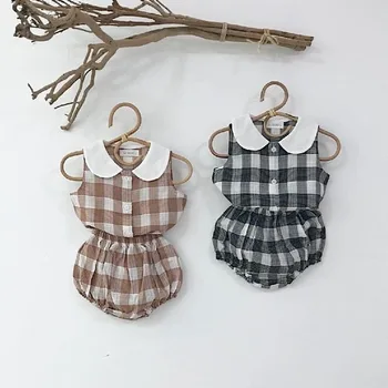 

2020 New Girls Clothing Sets Baby Girls Sleeveless T Shirt Plaid Tops Tops + Shorts 2pcs Children Cotton Summer Clothes Suits