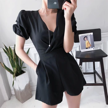 

floylyn Sexy Black Slim Waist Women Playsuit Romper Female V-neck Short Sleeve Overalls Summer Bodysuit Female Short Jumpsuit