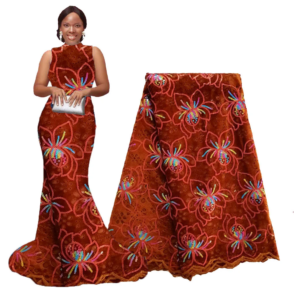New arrival laser cut velvet lace fabric with multi color sequin burnt orange african for women dress | Дом и сад