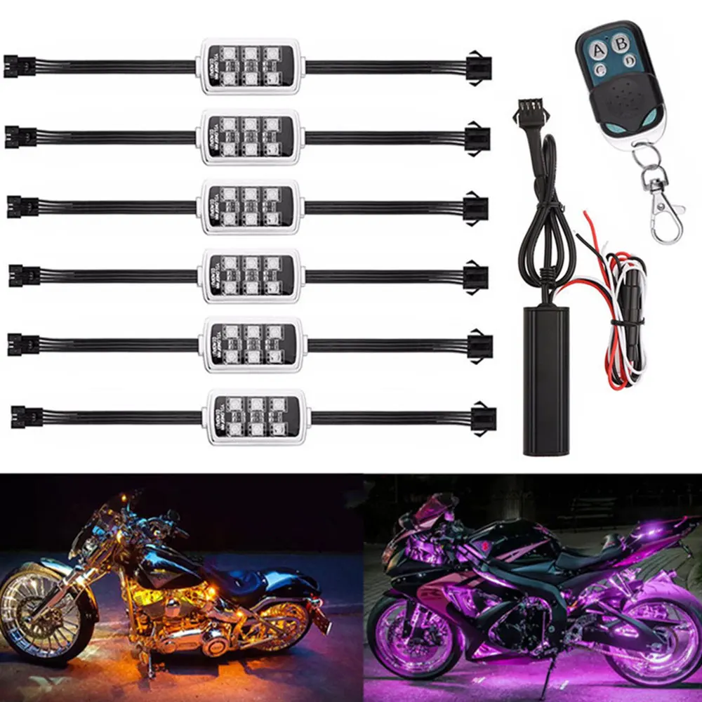 

12V Motorcycle Car Atmosphere Light 6 RGB 36 LED Smart Brake Lights with Wireless Remote Control Moto Decorative Strip Lamp Kit