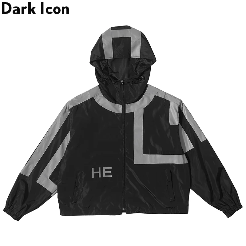 Dark Icon 3M Reflection Jacket Men with Hoodie Black Windbreaker Hooded Jackets Men Short Design Jacket for Men