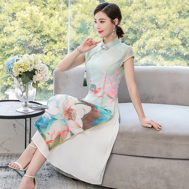 

2019 Audrey Improved Cheongsam Summer New Products Long Fairy Wind Fresh Lotus Large Size Daily Life Retro Dress