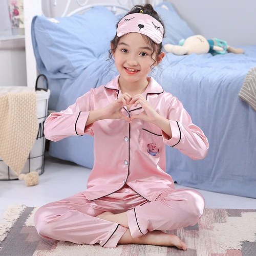 Пижама с длинными рукавами для девочек и мальчиков, осенняя Пижама, комплект детской шелковой атласная пижама mujeer, детская одежда для сна, костюм [gifr eye patch] - Цвет: fen