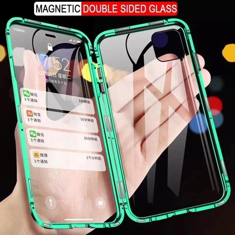 Магнитный металлический чехол для iPhone 12 11 Pro Max Mini X XR XS 7 8 6 6s Plus SE 360 двухсторонний