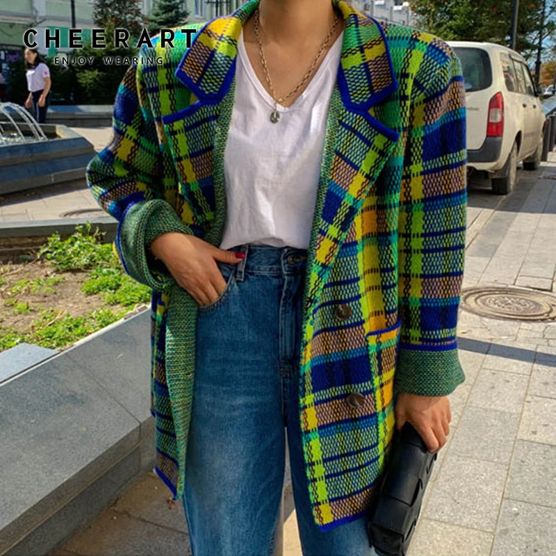 CHEERART клетчатый Блейзер цветной зеленый свитер пиджак и куртки корейский