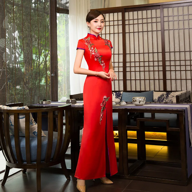 Зеленые вечерние платья, восточные женские элегантные тонкие Cheongsam модные в китайском стиле Свадебные Длинные Qipao роскошный халат Vestido S-XXXL