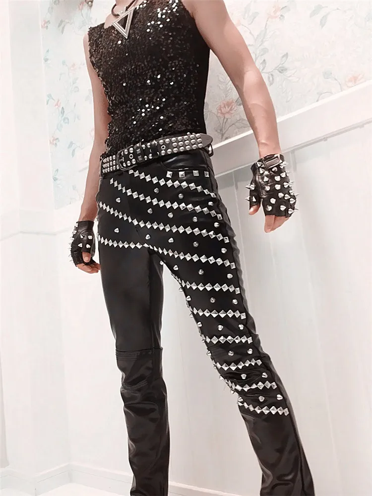 Description Picture 6 of itemIdopy Nightclub DJ Singer Gothic Punk Rock Rivet Faux Leather Pants Hip Hop Stage Costume Mens Studded Motorcycle tTrousers