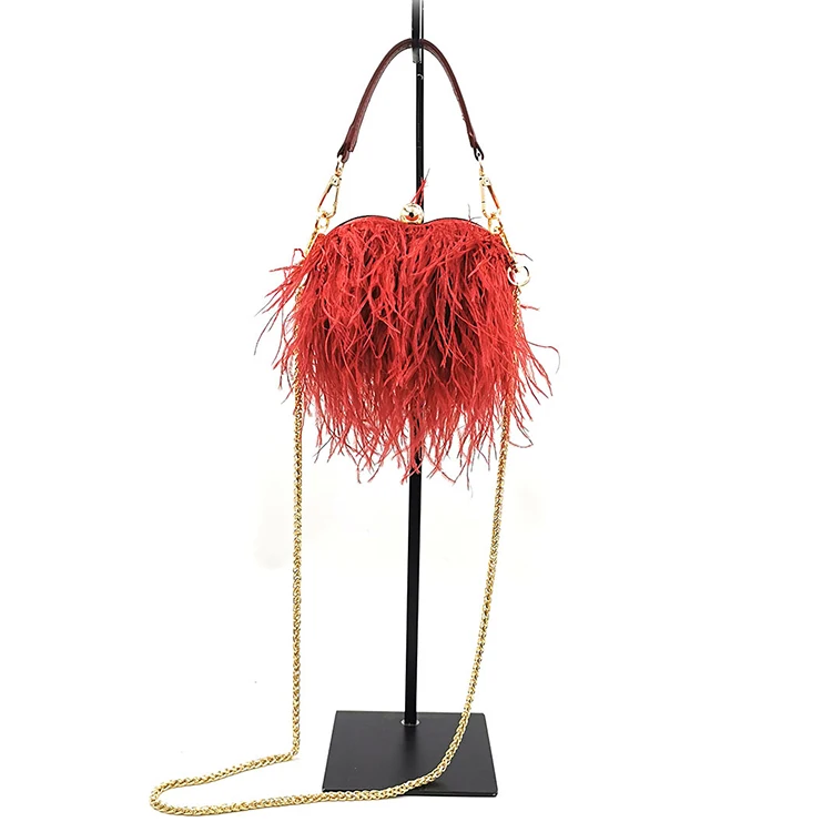 Ostrich Feather Heart Shaped Party Clutch Evening Bag for Women Luxury Banquet Bag Female Purses and Handbags Chain Shoulder Bag