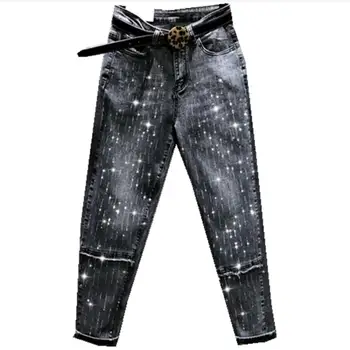 

2020 spring casual heavy work diamond jeans women high waist loose harem jeans plus size