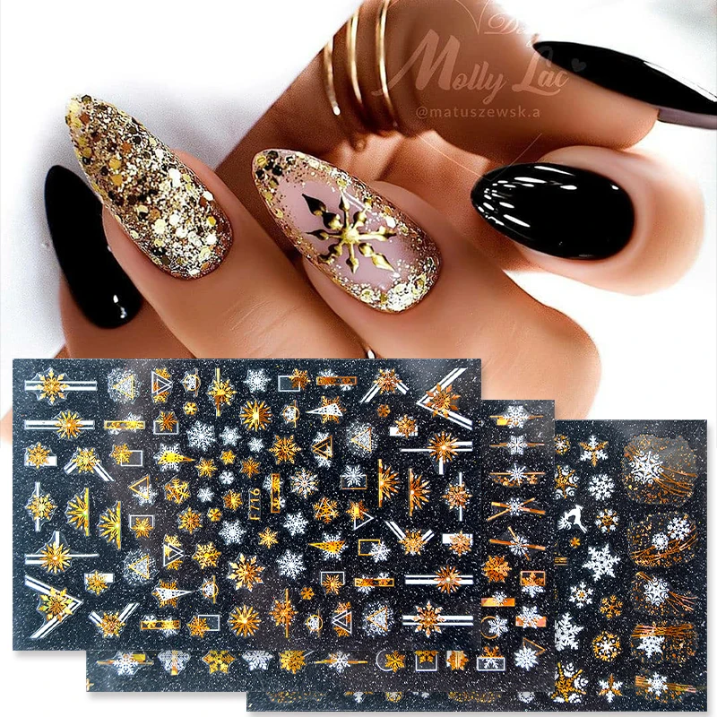 

3D Christmas Nail Art Decoration Stickers Sparkly Gold White Colorful Glitter Geometry Snowflake Winter Slider Nail Foils