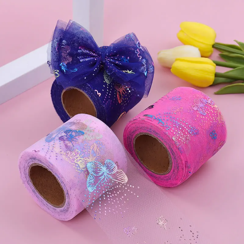5yards 60mm/80mm Symphony Glitter Butterfly Printed Organza Stain Ribbon for DIY Crafts Wedding Party Decor Gift Packaging, satin ribbons, ribbon decoration, ribbon supplies, wrapping ribbon, satin ribbon, grosgrain ribbon, sewing ribbon, organza ribbon