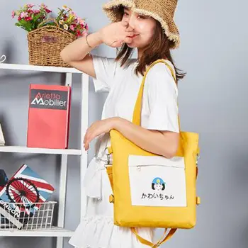 

Cartoon Lovely Canvas Bag For Female Students Can Cross - slung Handbags Large Bag With Zipper Cotton Cloth Shoulder Bags