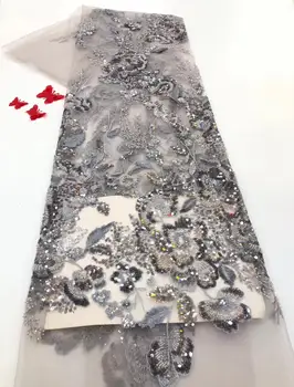 

Latest French Nigerian Laces Fabrics High Quality handmade beaded Tulle African Laces Fabric for Wedding dress JJH75