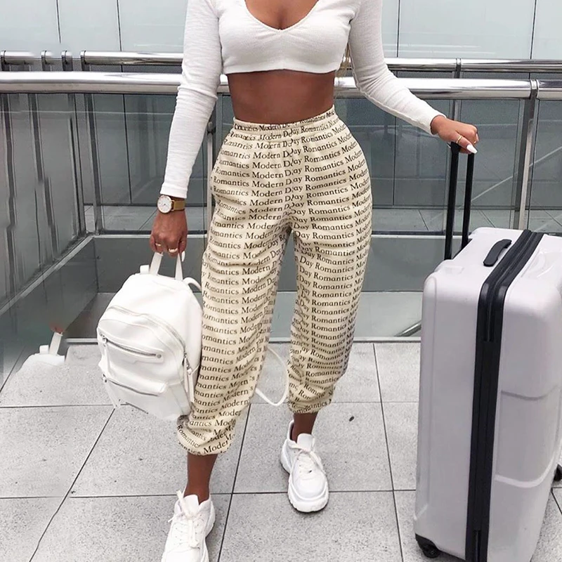 

2019 New Harem Pants Trousers Women Full Length Loose Jogger Mujer Lettter Print Elastic Waist Trouser Femel Streetwear Fashion