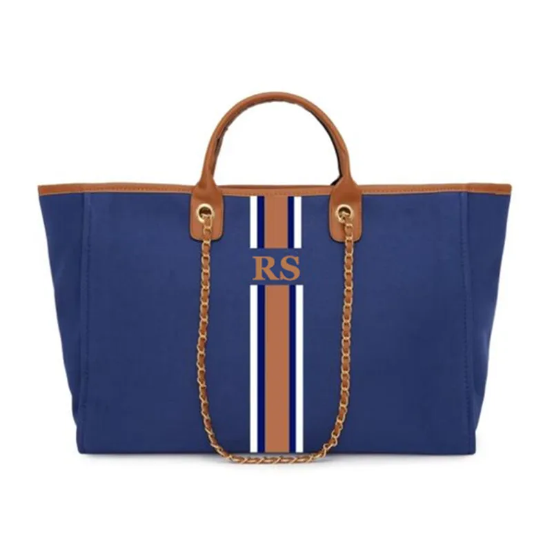 

Custom Monogrammed Midnight Navy With Tan Handles with White and Dark Brown Stripes Initials Canvas Weekender Bag Travel Totes