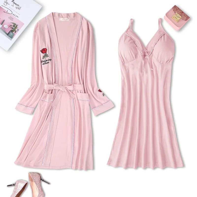 2 комплекта кружевной купальный халат пижамы кимоно халат женский сексуальный шелковый осенний женский халат халаты Ночная рубашка пижамы - Цвет: T015-3-2 Hot Pink