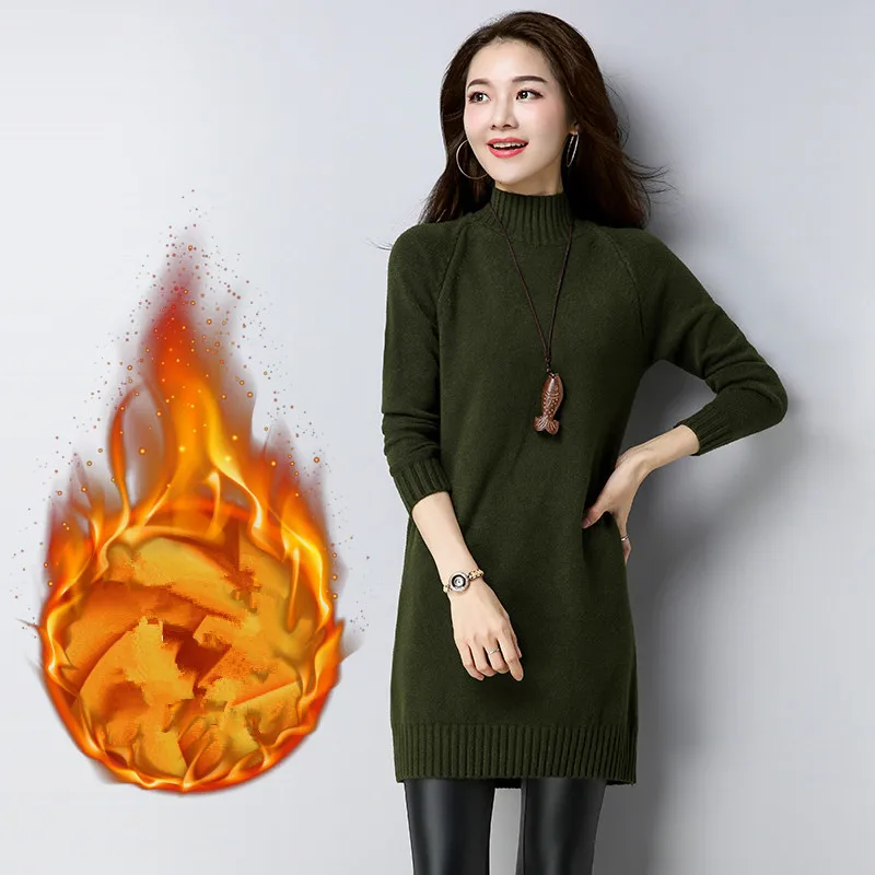 Армейский зеленый Fashion Candy Color Winter Gold Fleece Sweaters Women Slim Solid Mid-long Sweater Dress Thickening Warm Knitted Pullovers Y8207 - Цвет: Армейский зеленый