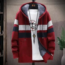 Zipper Coat 2021 Sweater Warm Men's Thick Striped Wool Fleece Hooded Cardigan Jumpers Men Long Sleeve Knitted Sweaters Hombre