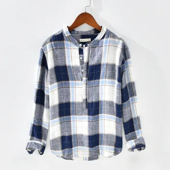 

Top Quality Plaid 100% Linen Shirts Men Long-sleeved Casual Mandarin Collar Shirt Pure Flax Dress Shirts Male Camisas TS-589
