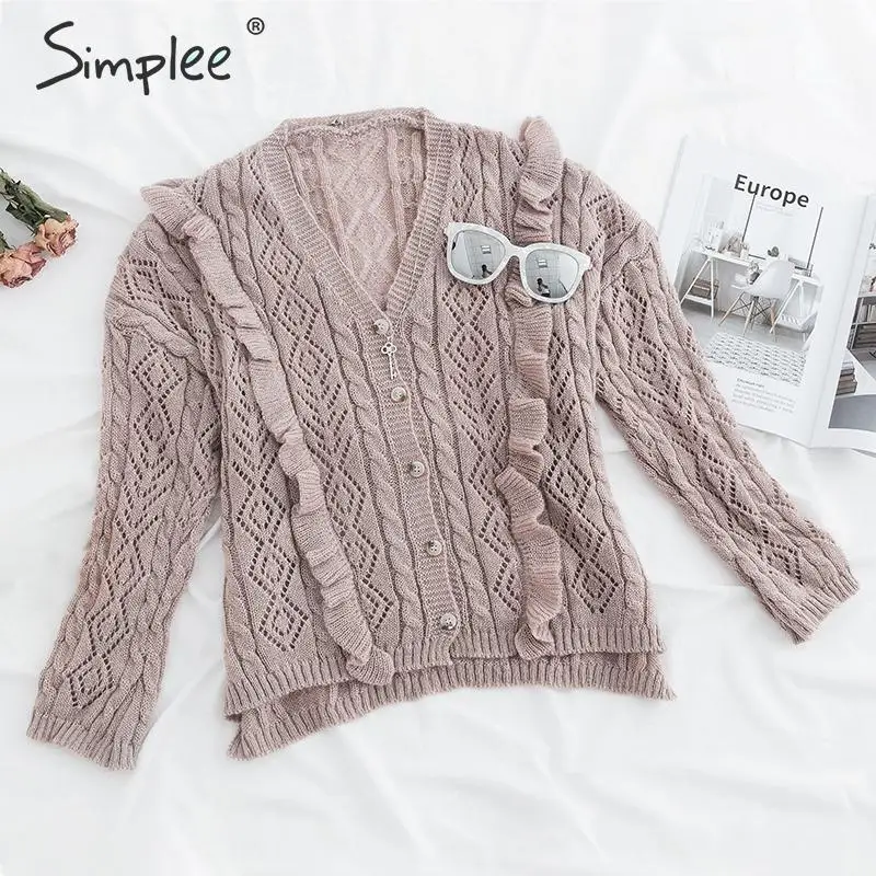 

Simplee Autumn v neck knitted cardigan Casual long sleeve ruffle sweater cardigan Hollow out Koera style outwear cardigan coats