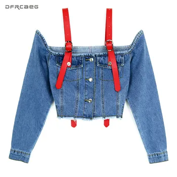

Vintage Sexy Off The Shoulder Women Denim Jacket 2020 Spring Streetwear Slash Neck Loose Basic Crop Jeans Jackets And Coat