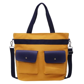 

Fashionable wild canvas bag contrast color double pocket diagonal bag thick cloth bag large female bag Patchwork Canvas Casual
